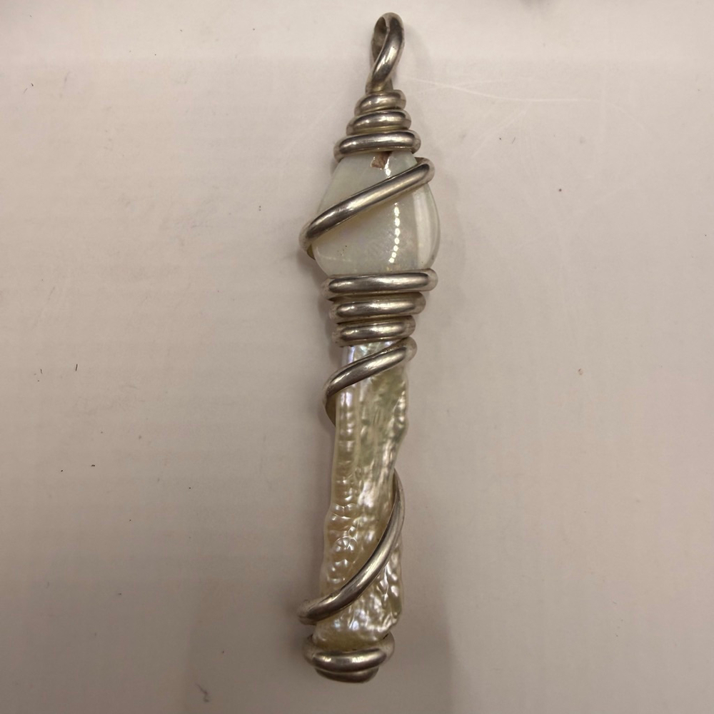 Women's Sterling Silver Wire Wrapped Pearl & Opal Pendant Necklace